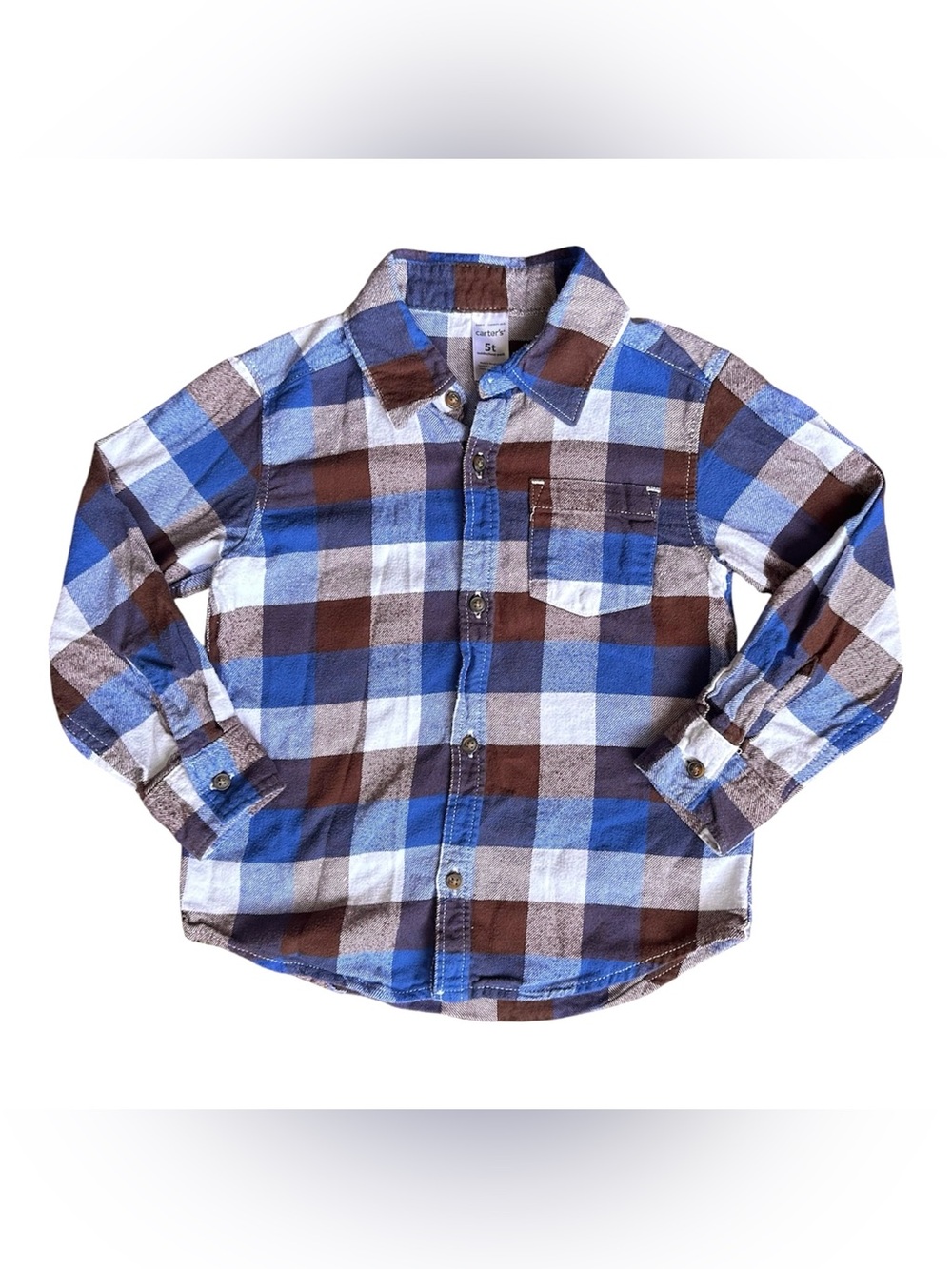 Carter's 5T Boys blue brown plaid button down flannel long sleeve shirt